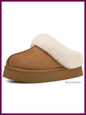 Platform Fuzzy Slippers Memory Foam Faux Fur Vegan Suede Indoor Outdoor